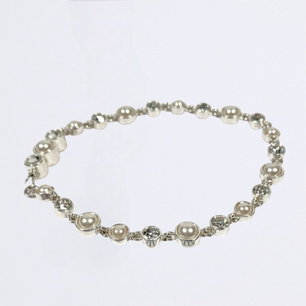 Vtg Tennis Bracelet Simulated Pearl Cabochon Rhinestone Silver Tone Bezel Formal